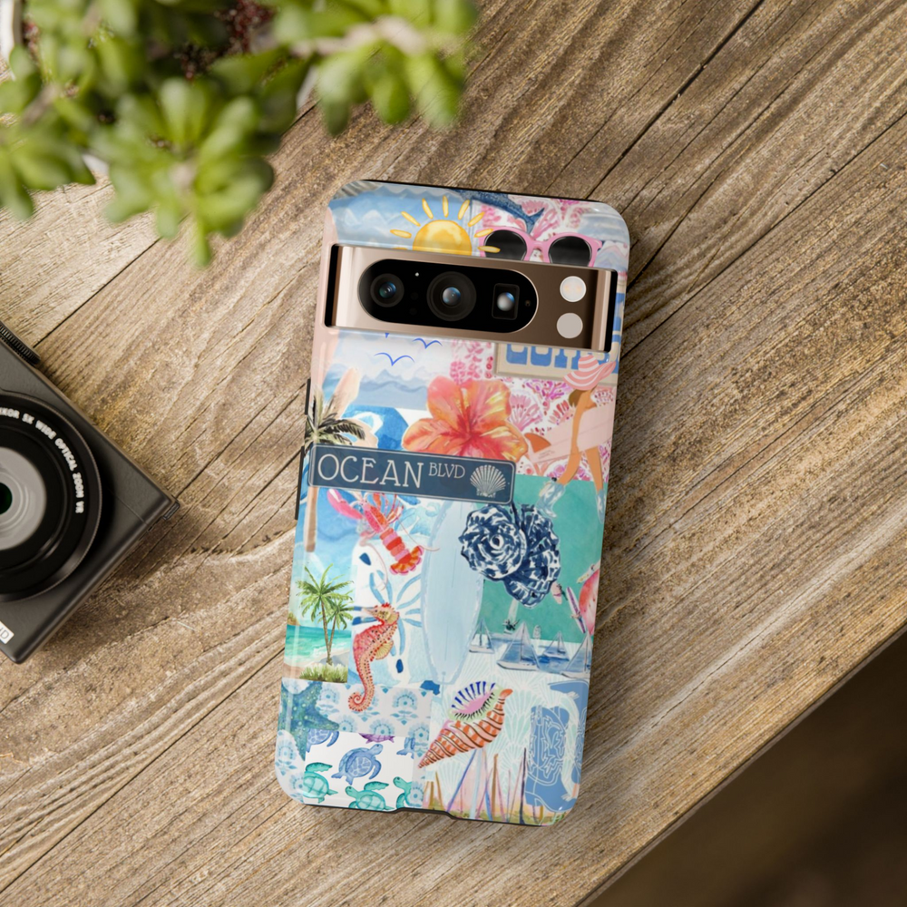 Colorful Google Pixel phone case with beach collage featuring hibiscus, palm trees, sailboats, ocean sign, seahorse, seashells, and tropical turtles