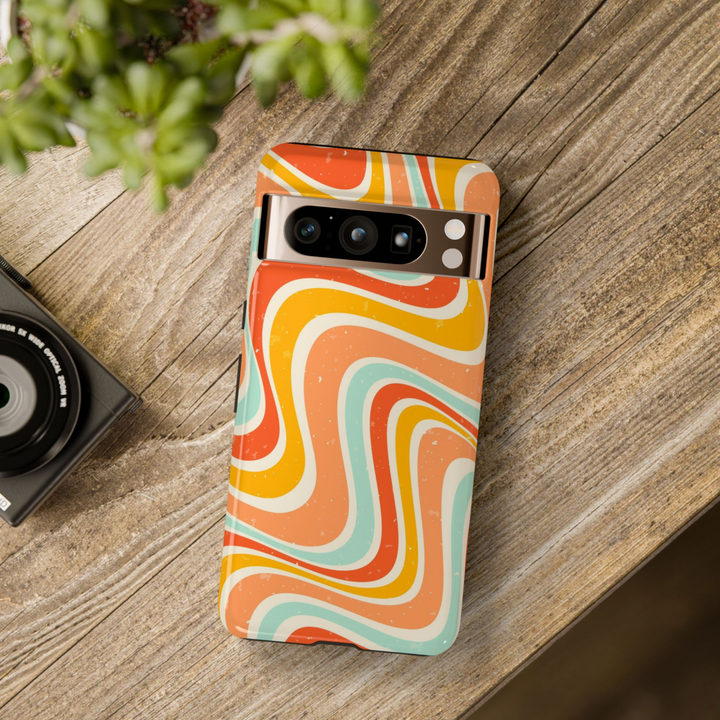 Colorful retro wave swirl Google Pixel tough phone case with orange, yellow, mint, and cream 70s vintage pattern – fits Pixel 8, Pixel 8 Pro, Pixel 9 Pro XL