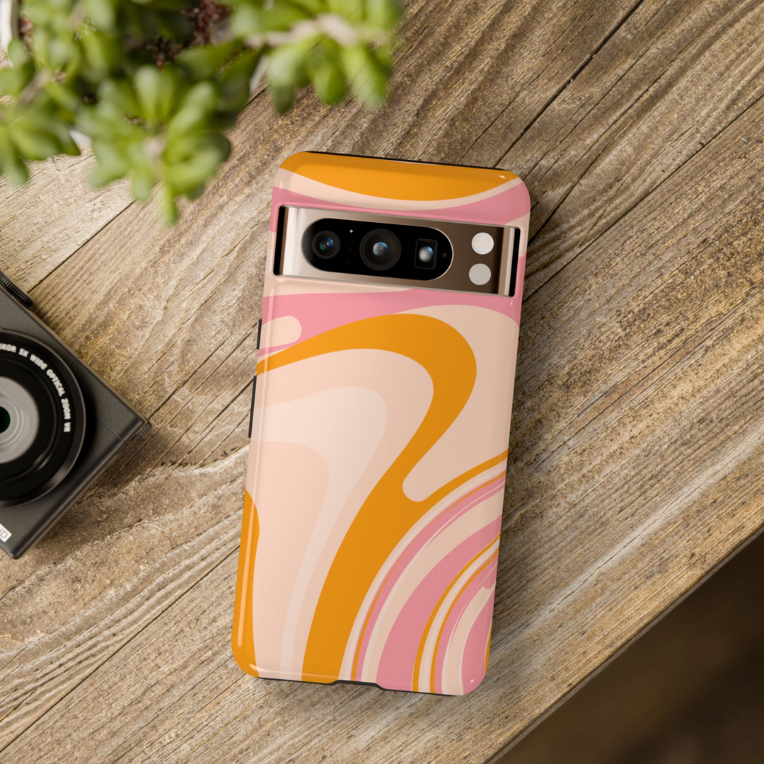 Retro-inspired tough Google Pixel phone case with pink, orange, and beige abstract swirl pattern – fits Pixel 8, Pixel 8 Pro, Pixel 9 Pro XL