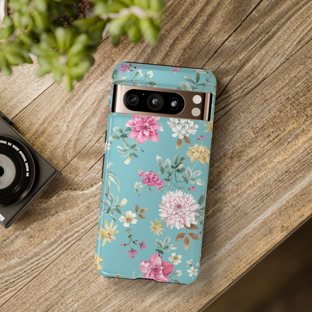 Blue Floral Google Pixel Tough Case – Protective Flower Phone Case for Pixel 8, Pixel 8 Pro, Pixel 9 Pro XL with Vintage Botanical Design