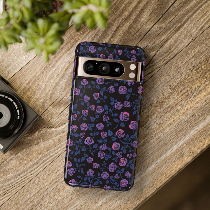 Tough Google Pixel phone case with dark background and purple-pink rose floral design – compatible with Pixel 8, Pixel 8 Pro, and Pixel 9 Pro XL