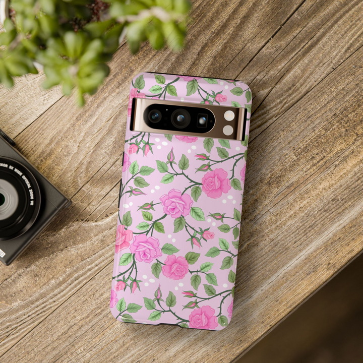 Elegant pink rose floral Google Pixel case with pastel botanical design on lavender background – compatible with Pixel 8, 8 Pro, and Pixel 9 Pro XL