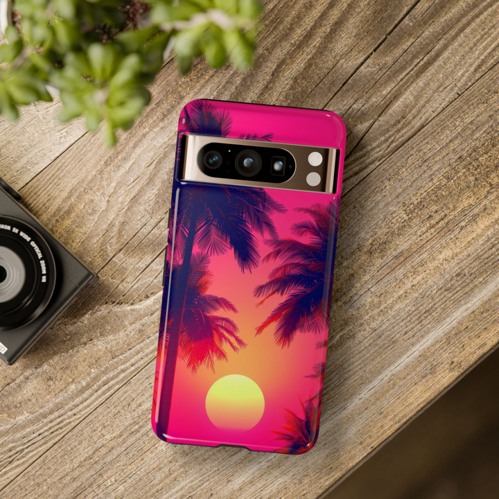 Google Pixel 8 Pro tropical case, Pixel 9 Pro XL sunset case, neon palm phone cover, aesthetic beach phone case, vibrant summer phone case, palm tree case for Google Pixel, beach vibe Pixel phone case, sunset glow tropical case