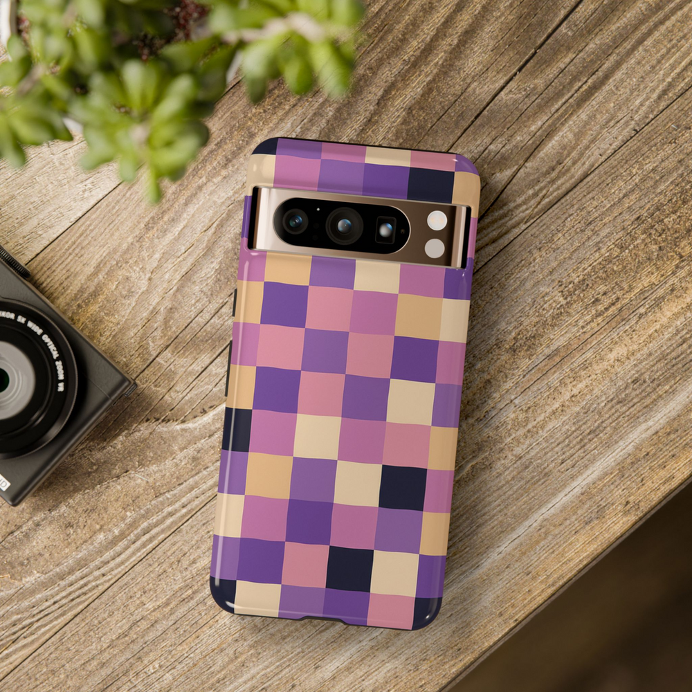 Aesthetic purple checkered Google Pixel tough case with pastel grid pattern in lilac, mauve, and cream – fits Pixel 8, 8 Pro, and 9 Pro XL