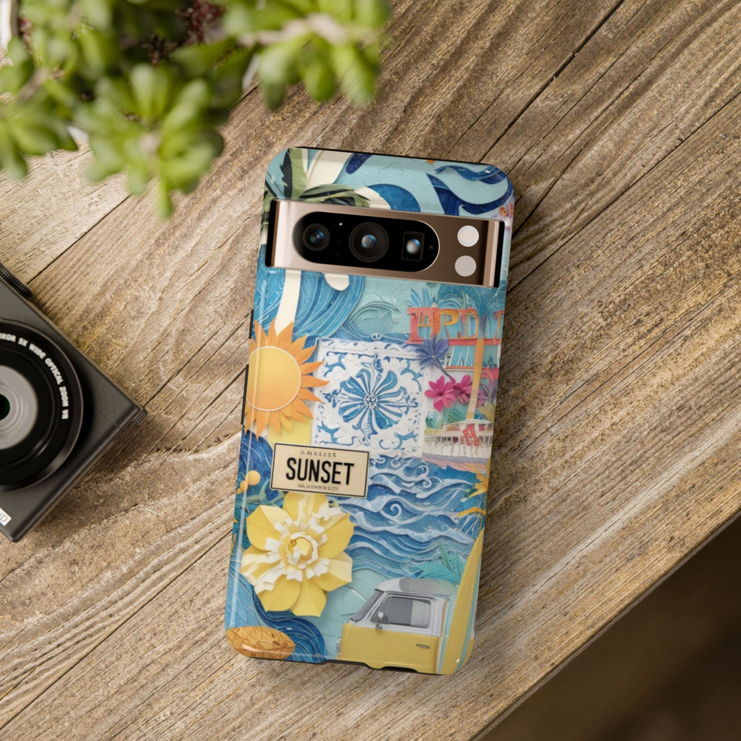 Colorful tropical beach collage Google Pixel case with sun, waves, palm trees, and vintage travel motifs – fits Pixel 8, 8 Pro, and 9 Pro XL