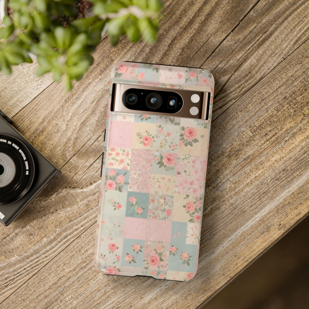 Shabby chic floral patchwork Google Pixel phone case with soft pink and blue roses – vintage protective case for Pixel 8, 8 Pro, and 9 Pro XL