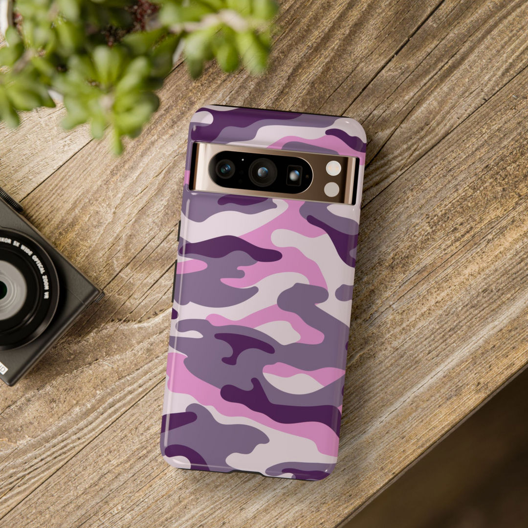 Purple and pink camouflage Google Pixel case – trendy tough cover for Pixel 8, Pixel 8 Pro, and Pixel 9 Pro XL with soft military aesthetic