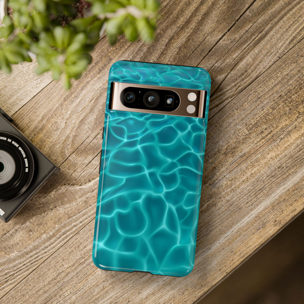 pool water phone case, ripple effect phone case, water reflection Pixel case, summer water phone cover, turquoise aesthetic case, aqua blue Google Pixel case, glossy water phone case, Pixel pool case, realistic ocean texture case, blue shimmer protective phone case