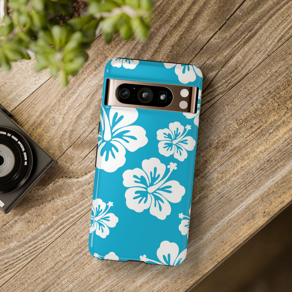 blue hibiscus phone case, tropical floral Pixel case, Hawaiian flower phone case, beachy phone cover Pixel, summer aesthetic tough case, island vibe phone case, blue and white floral Pixel case, hibiscus tough case Google Pixel