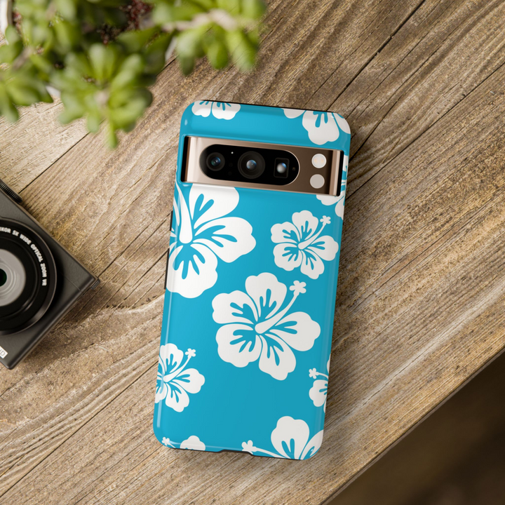blue hibiscus phone case, tropical floral Pixel case, Hawaiian flower phone case, beachy phone cover Pixel, summer aesthetic tough case, island vibe phone case, blue and white floral Pixel case, hibiscus tough case Google Pixel
