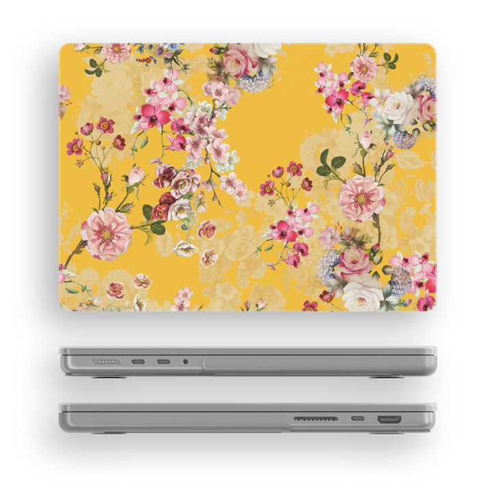 Bright yellow MacBook case with vibrant floral pattern, romantic cottagecore laptop cover for MacBook Pro and Air models