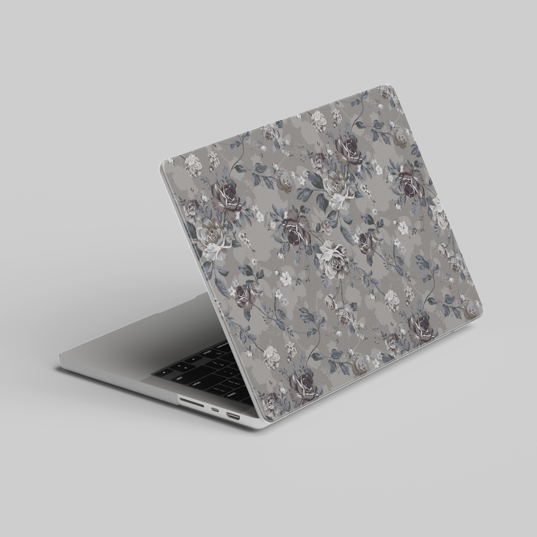 Elegant gray MacBook case with vintage floral design and muted dark roses, compatible with MacBook Pro and Air models, chic aesthetic laptop cover