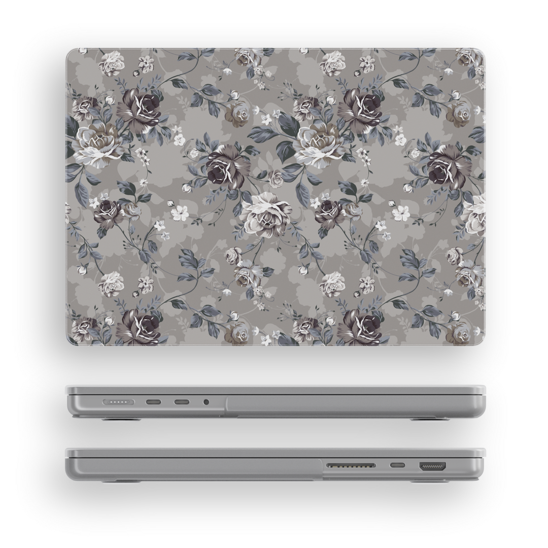Elegant gray MacBook case with vintage floral design and muted dark roses, compatible with MacBook Pro and Air models, chic aesthetic laptop cover