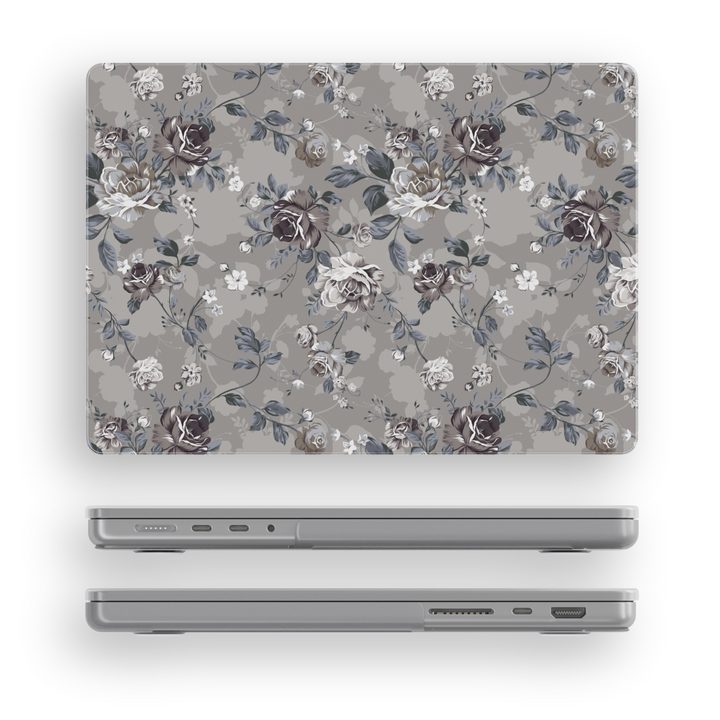 Elegant gray MacBook case with vintage floral design and muted dark roses, compatible with MacBook Pro and Air models, chic aesthetic laptop cover