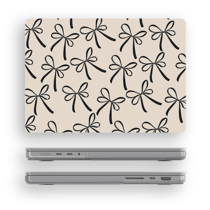 Beige MacBook case with black ribbon bow pattern, elegant minimal aesthetic laptop cover for MacBook Pro and MacBook Air models