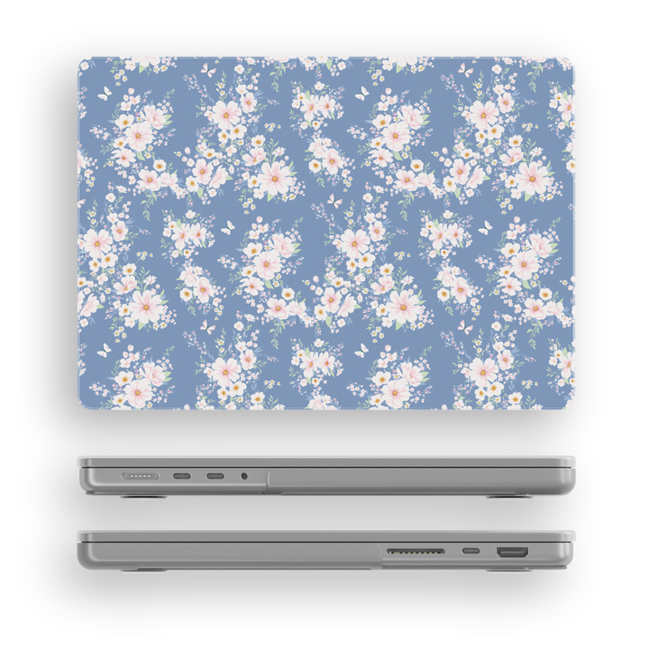 Elegant MacBook case with vintage daisy floral print on dusty blue background – fits MacBook Pro 13 14 16, Air 13 15, 2020–2024