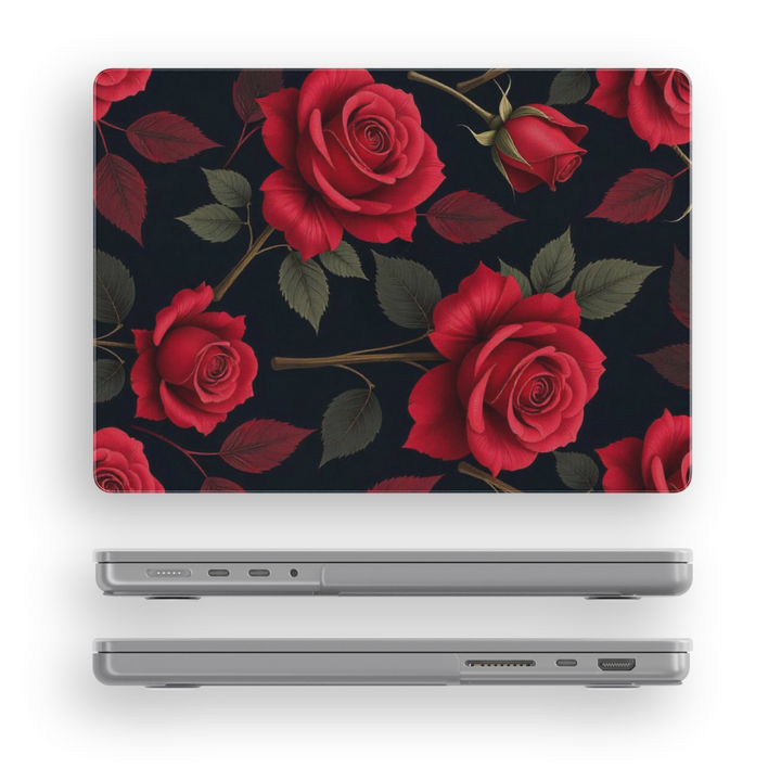 Chic black MacBook case with large red roses and green leaves – floral MacBook Pro and Air skin for 13, 14, 15, and 16 inch models.