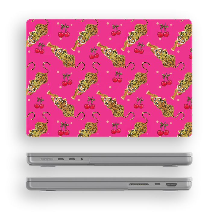Bright pink MacBook case with playful tigers and cherry patterns – bold laptop cover for MacBook Pro, Air 13 inch, 14 inch, and 16 inch.