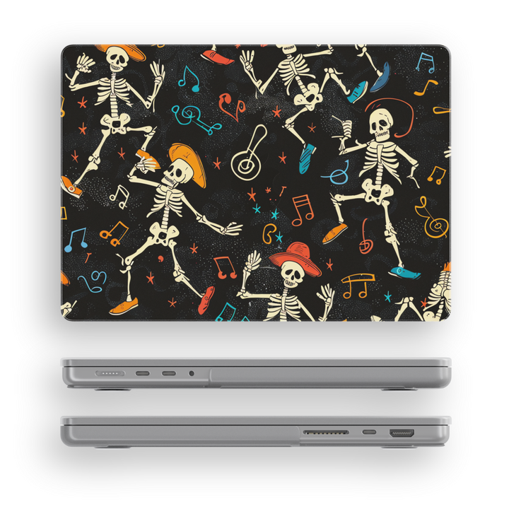 Black MacBook case with dancing skeletons, music notes, and hats – fun Halloween and music-themed laptop skin for MacBook Air and Pro.