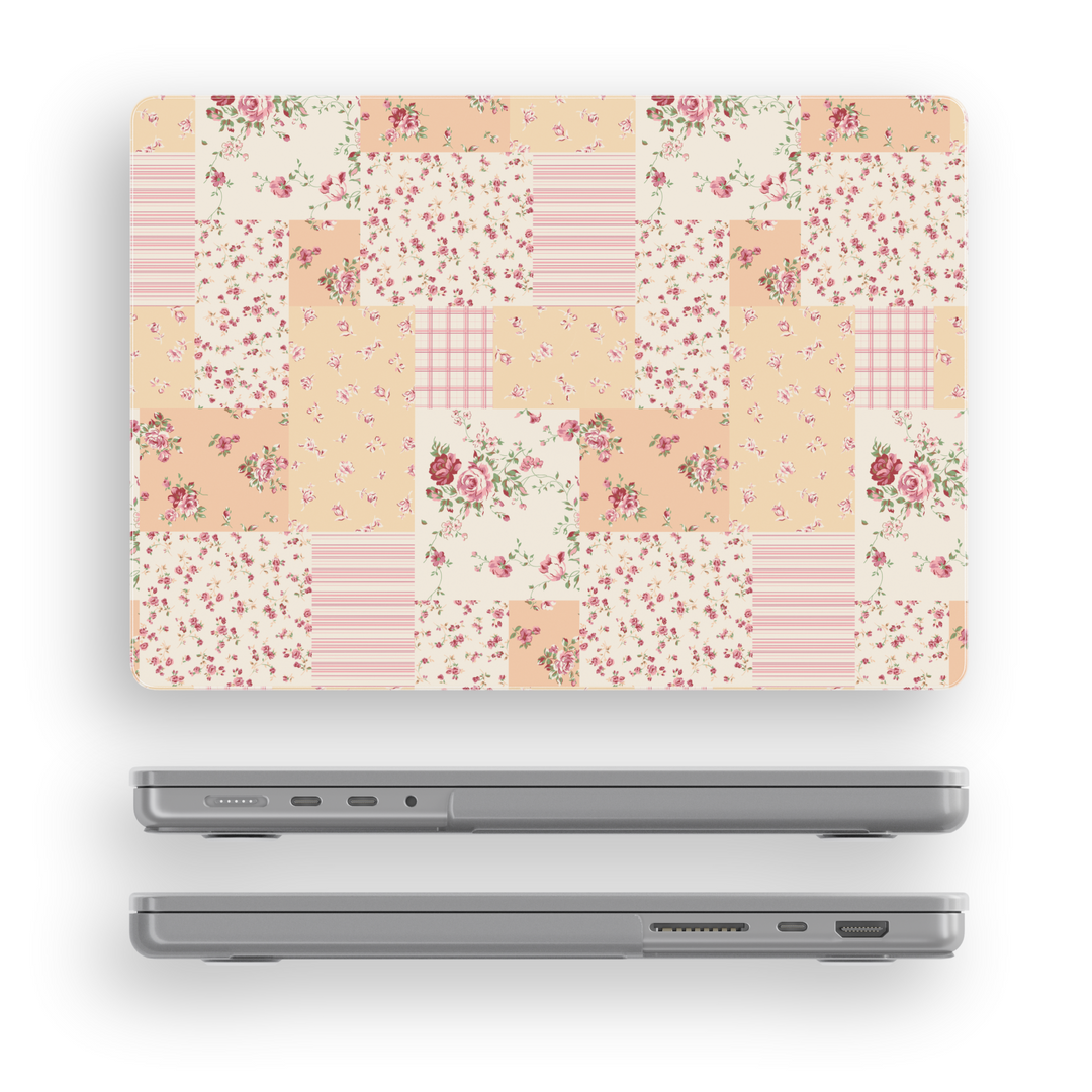 Cottagecore floral MacBook case with vintage patchwork design in soft peach and cream tones, perfect for students and romantic aesthetic lovers.