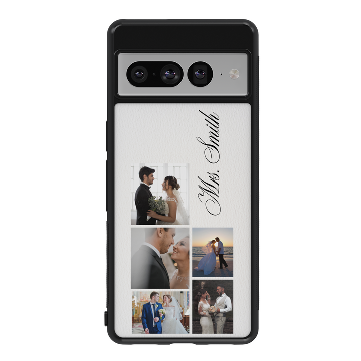 Custom Wedding Photo Collage Phone Case for Google Pixel 9 Pro XL, Pixel 9, Pixel 9 Pro, Pixel 8 Pro, Pixel 8a, Pixel 8 – Personalized Leather Texture Case with Name