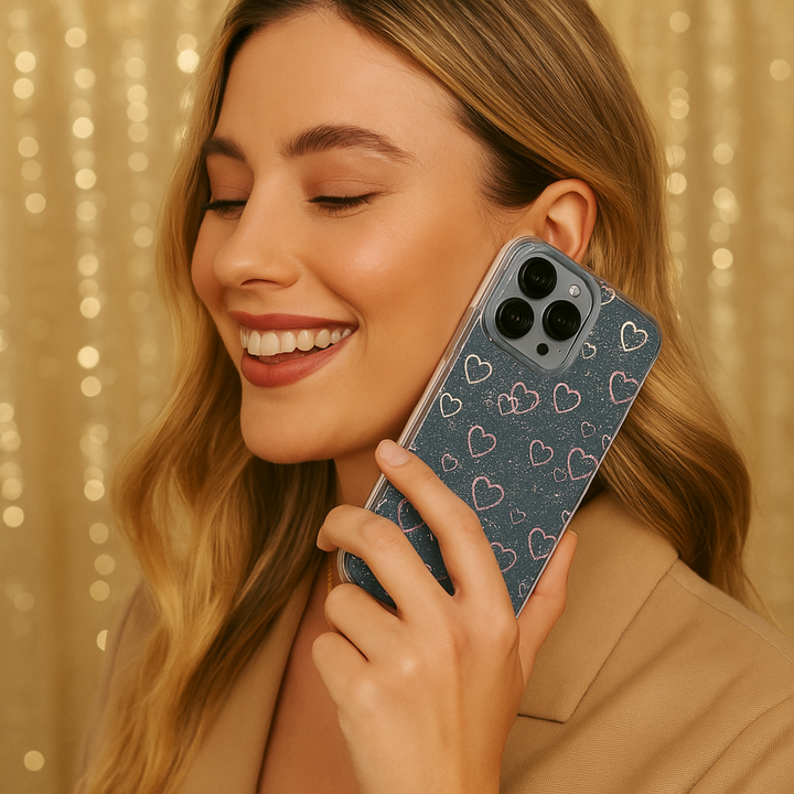 Stylish clear iPhone case featuring a dazzling holographic heart pattern with glitter details. The case catches the light beautifully, creating a mesmerizing sparkle effect. Designed for both style and protection, this case keeps your phone safe while adding a trendy and eye-catching touch. Perfect for those who love a little shimmer in their everyday accessories.