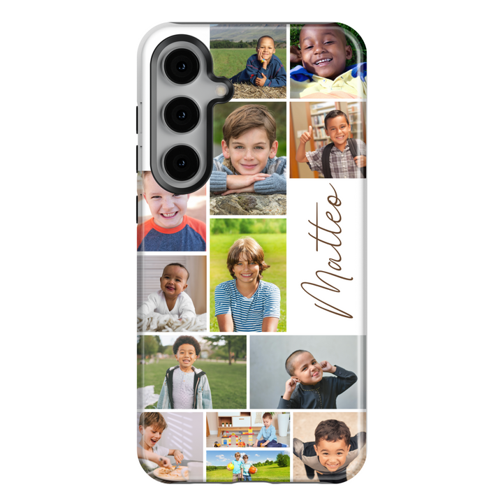 Custom photo collage Samsung Galaxy phone case with personalized name. Perfect for Galaxy S25 Ultra, S24 FE, S23, and more.