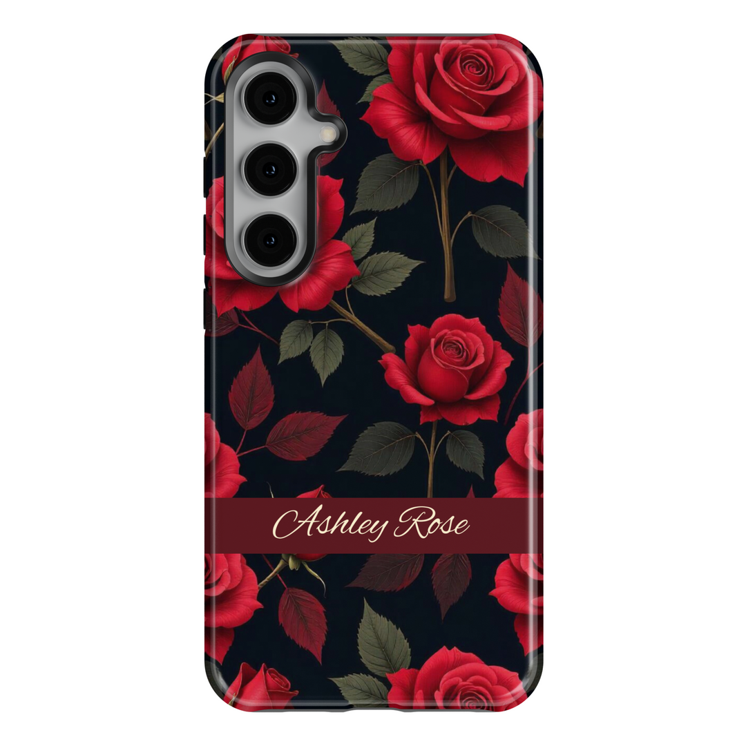 Elegant red rose floral phone case with dark background and personalized name strip