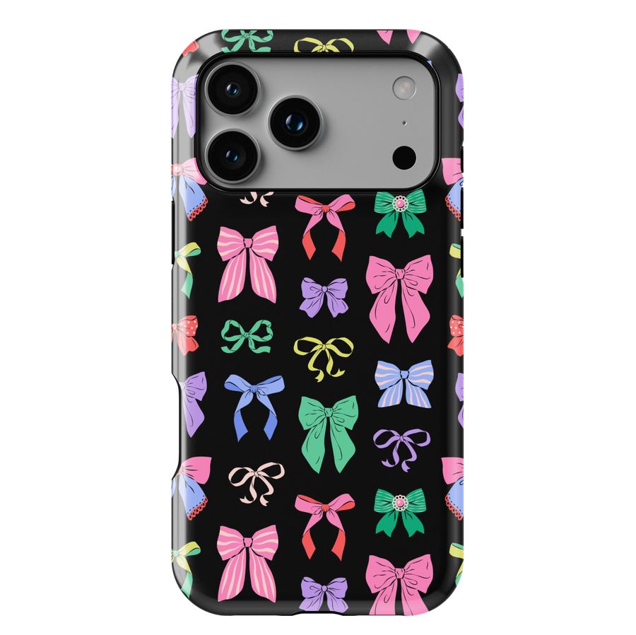 Black phone case with colorful bow pattern, coquette aesthetic girly ribbon design for iPhone and Samsung