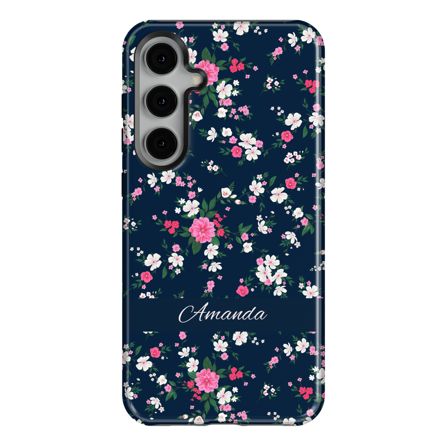 Custom navy floral phone case with small pink and white flowers, personalized name iPhone Samsung cover, spring botanical tough case