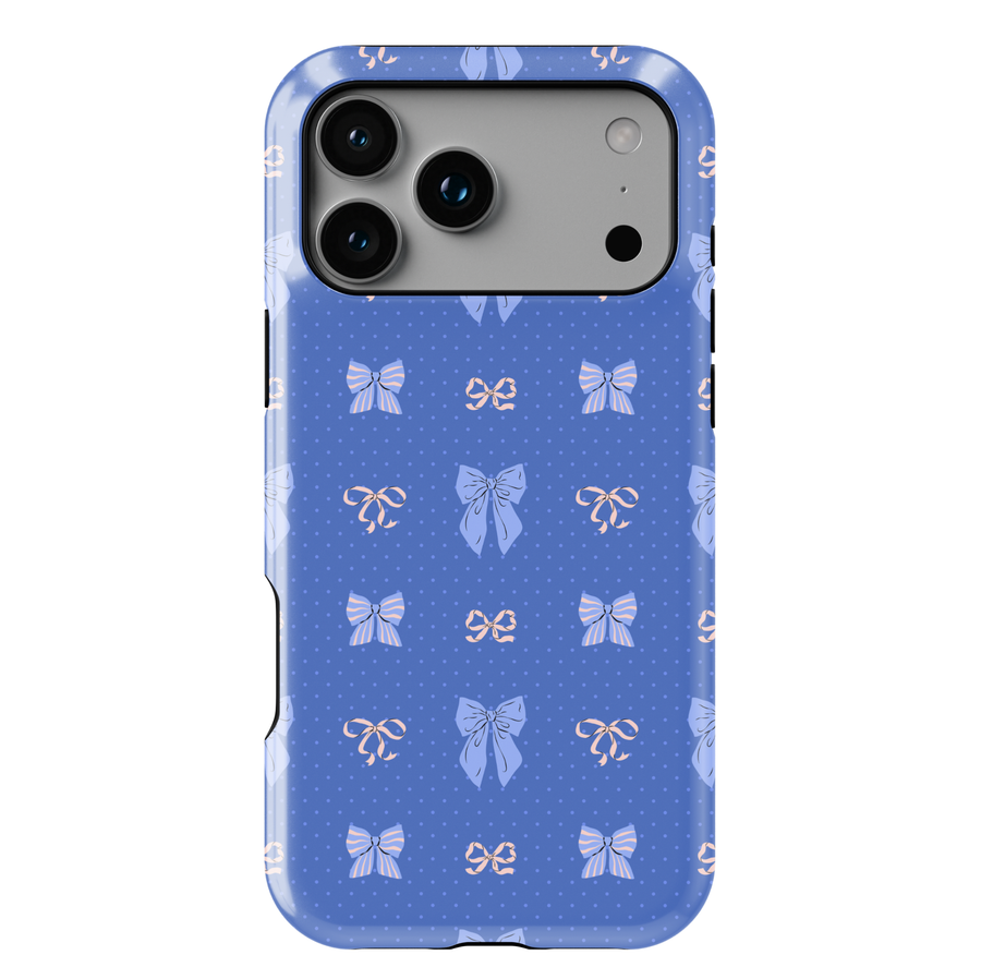 Blue phone case with pink bow pattern, coquette aesthetic feminine ribbon design for iPhone and Samsung