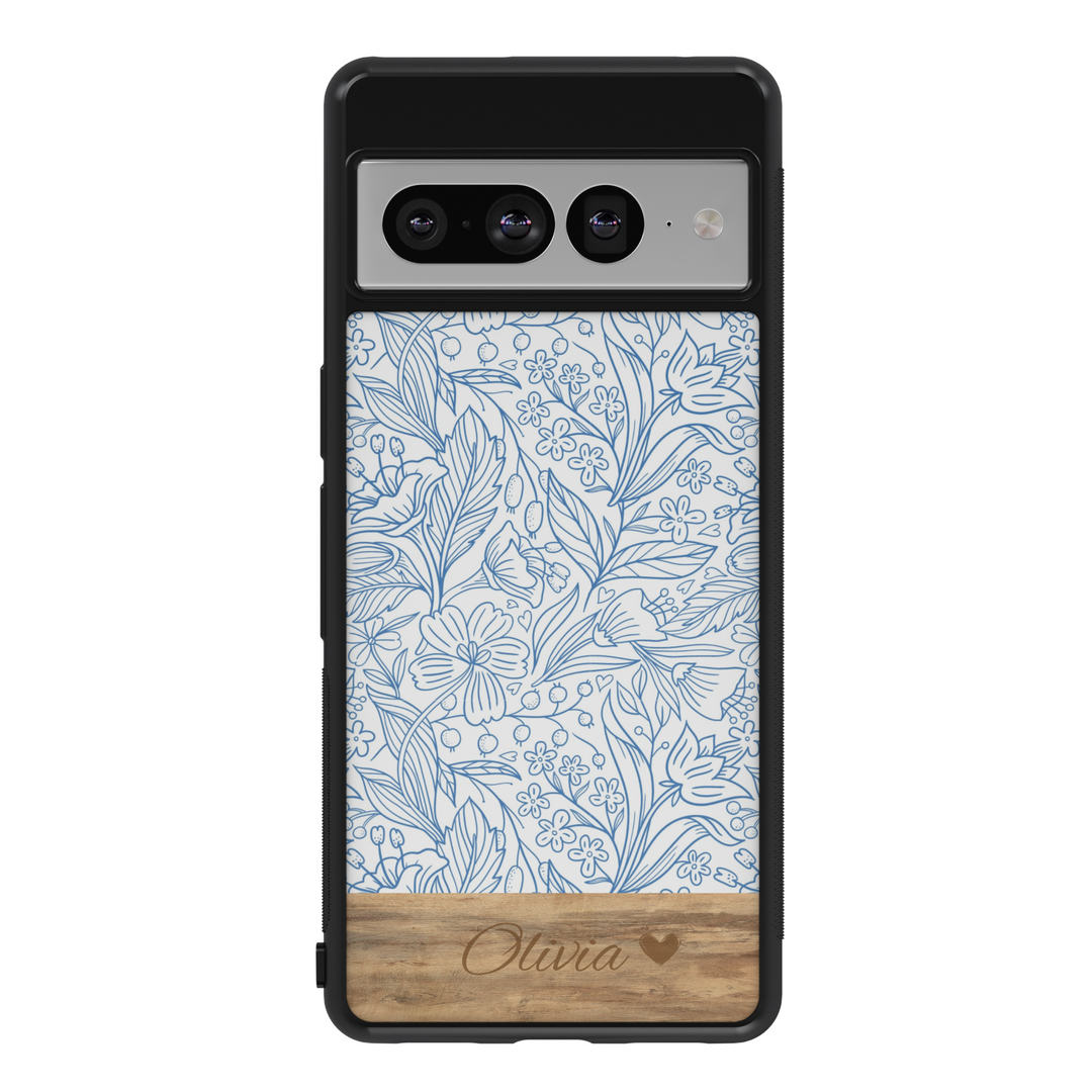 Personalized Blue Floral Google Pixel Case with Wood Accent – Elegant Engraved Design for Pixel 9 Pro XL, Pixel 9, Pixel 9 Pro, Pixel 8 Pro, Pixel 8a, Pixel 8