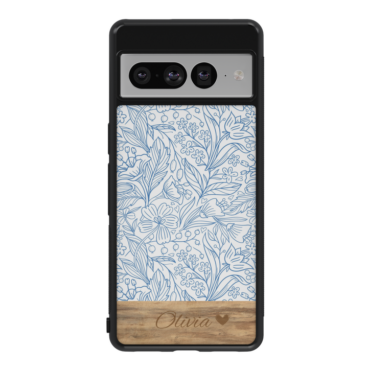 Personalized Blue Floral Google Pixel Case with Wood Accent – Elegant Engraved Design for Pixel 9 Pro XL, Pixel 9, Pixel 9 Pro, Pixel 8 Pro, Pixel 8a, Pixel 8