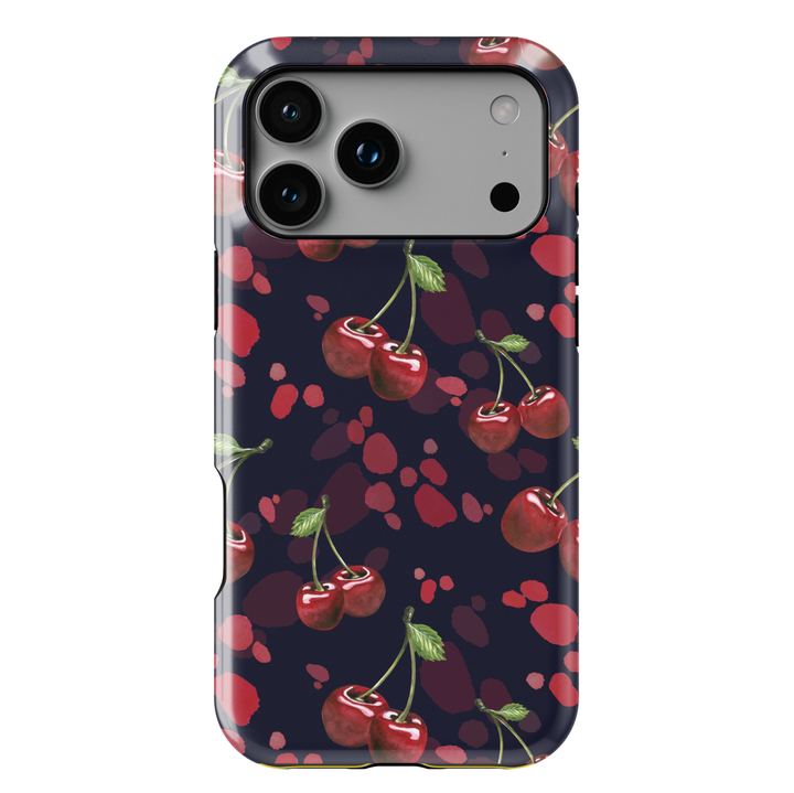 Navy phone case with red cherry pattern, dark aesthetic fruit design protective cover for iPhone and Samsung