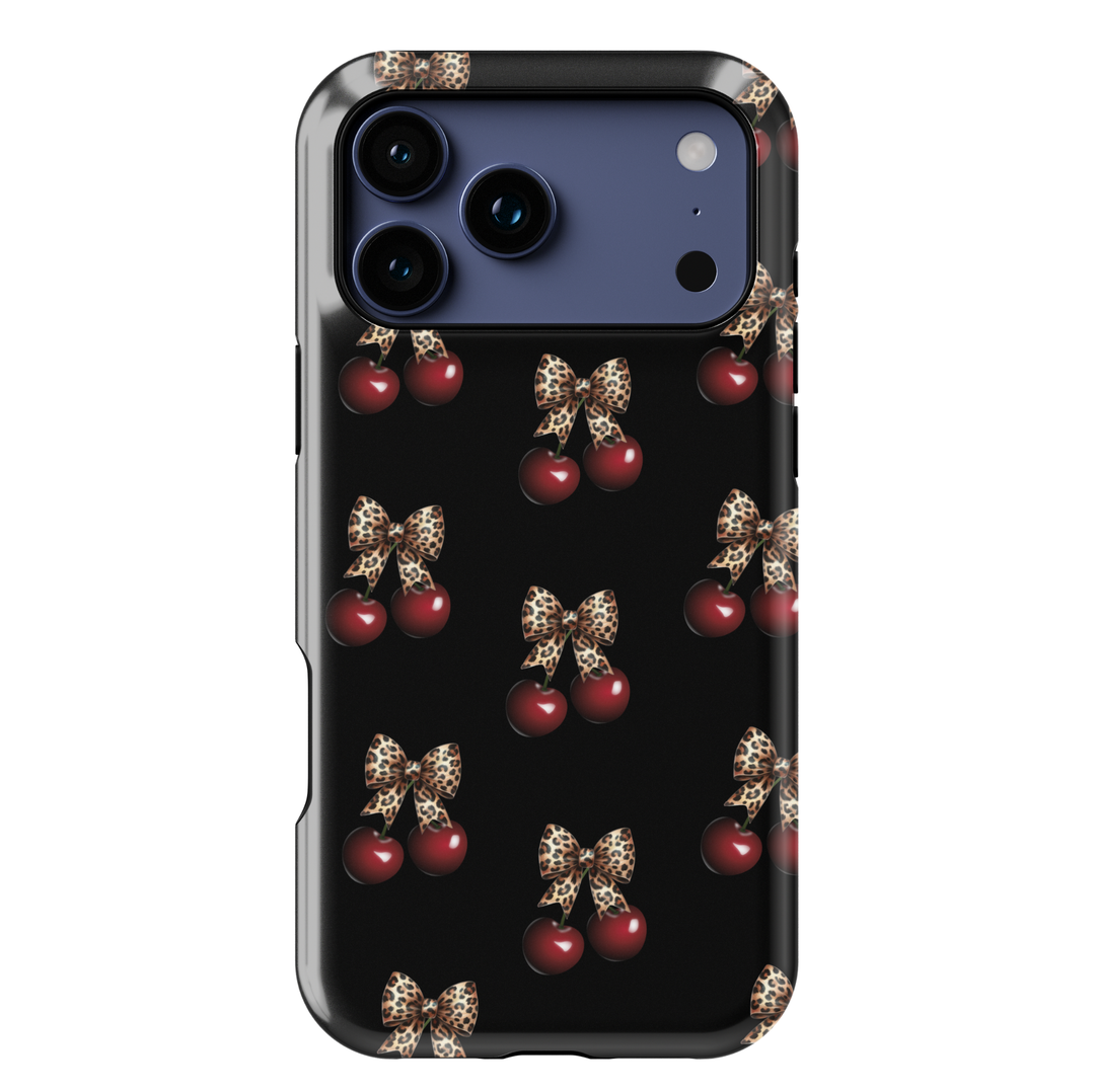 Black phone case with red cherry and leopard bow pattern, chic aesthetic animal print protective cover for iPhone and Samsung