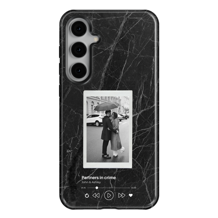 Personalized black marble Samsung Galaxy phone case with a custom photo and music player design. Available for Galaxy S25 Ultra, S24 FE, S23 & more.