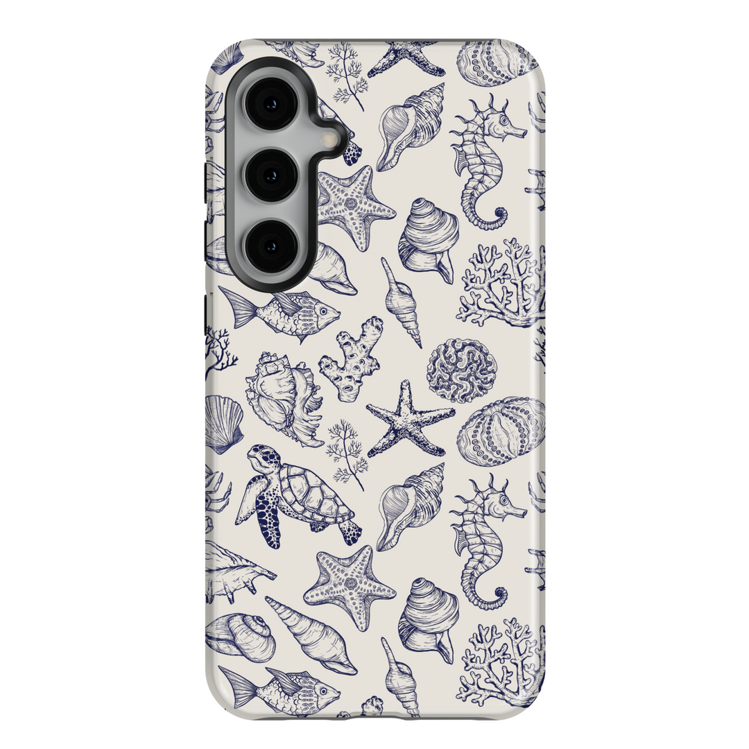 Samsung Galaxy phone case with vintage hand-drawn marine life pattern including shells, starfish, turtles, seahorses, and coral in navy on cream background