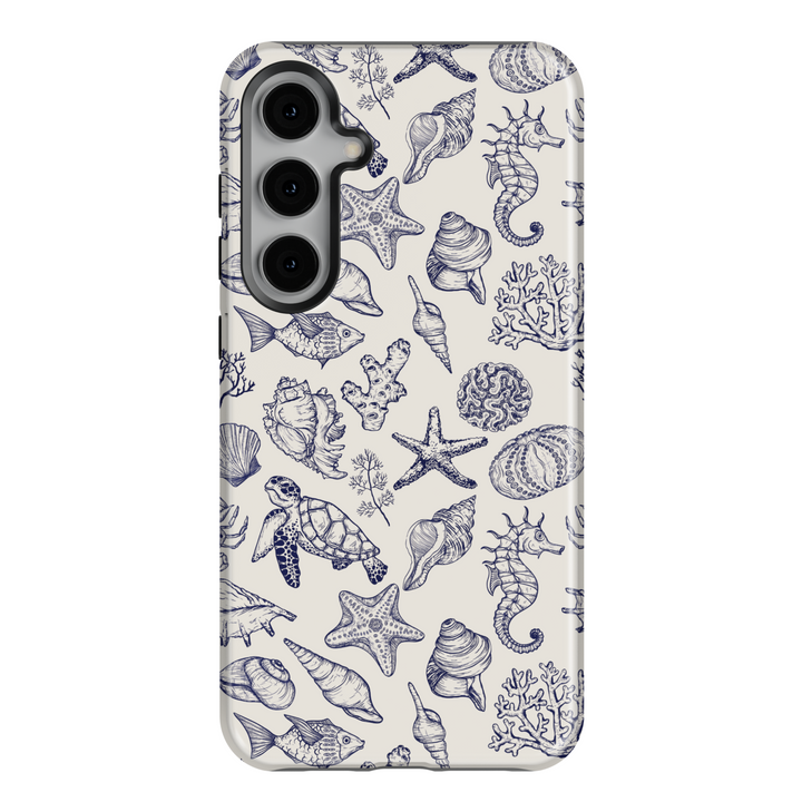 Samsung Galaxy phone case with vintage hand-drawn marine life pattern including shells, starfish, turtles, seahorses, and coral in navy on cream background