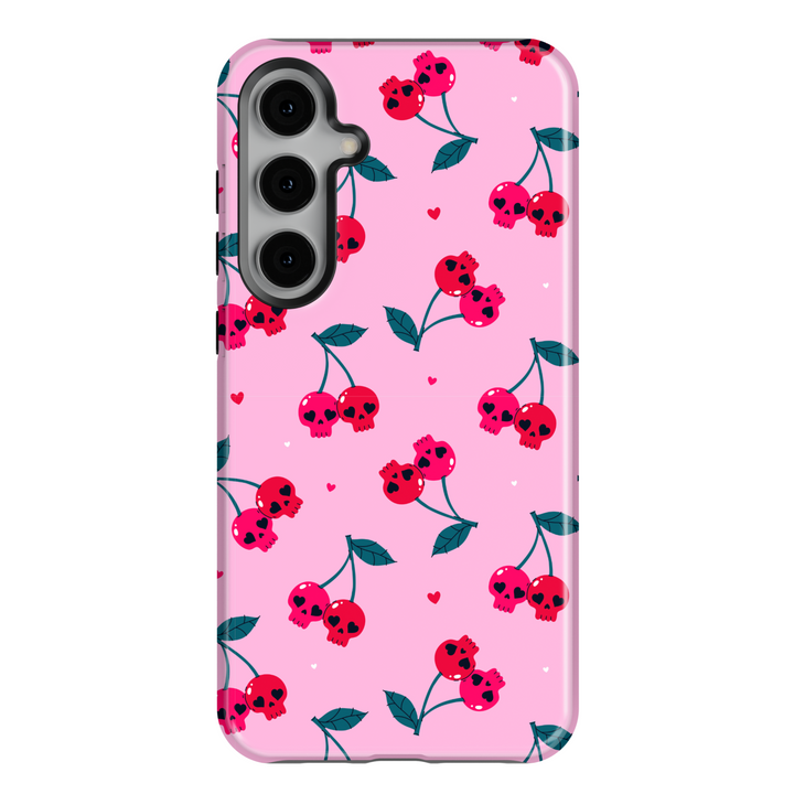 Samsung Galaxy tough case with pink background and red cherry skull pattern, girly gothic phone cover