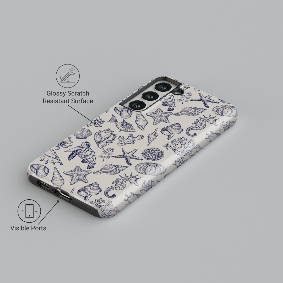Samsung Galaxy phone case with vintage hand-drawn marine life pattern including shells, starfish, turtles, seahorses, and coral in navy on cream background