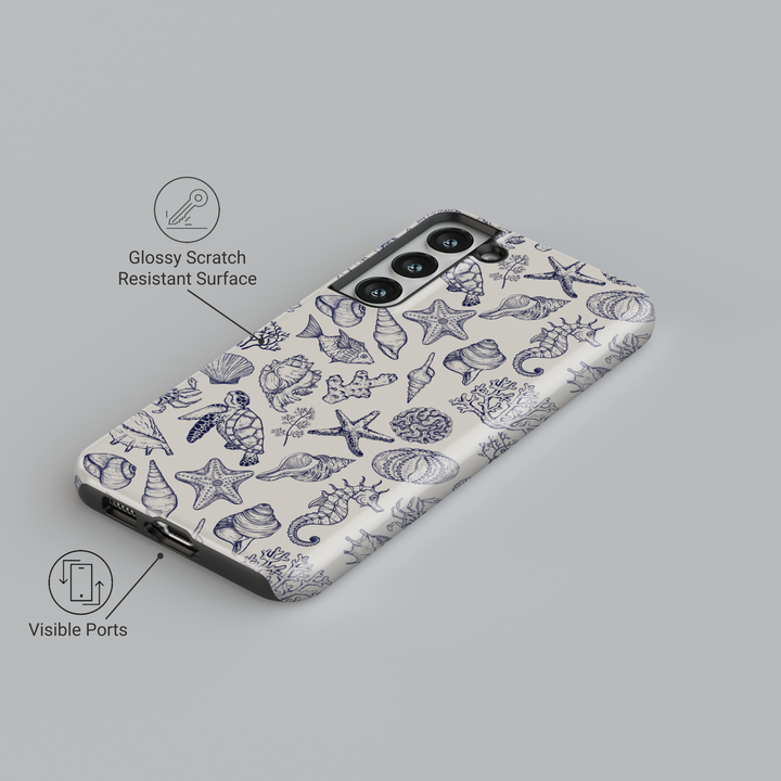 Samsung Galaxy phone case with vintage hand-drawn marine life pattern including shells, starfish, turtles, seahorses, and coral in navy on cream background