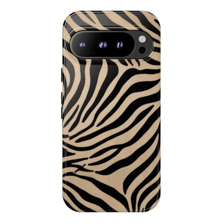 Zebra stripe Google Pixel phone case in beige and black for Pixel 8, Pixel 8 Pro, Pixel 9 Pro XL – chic aesthetic tough cover for women