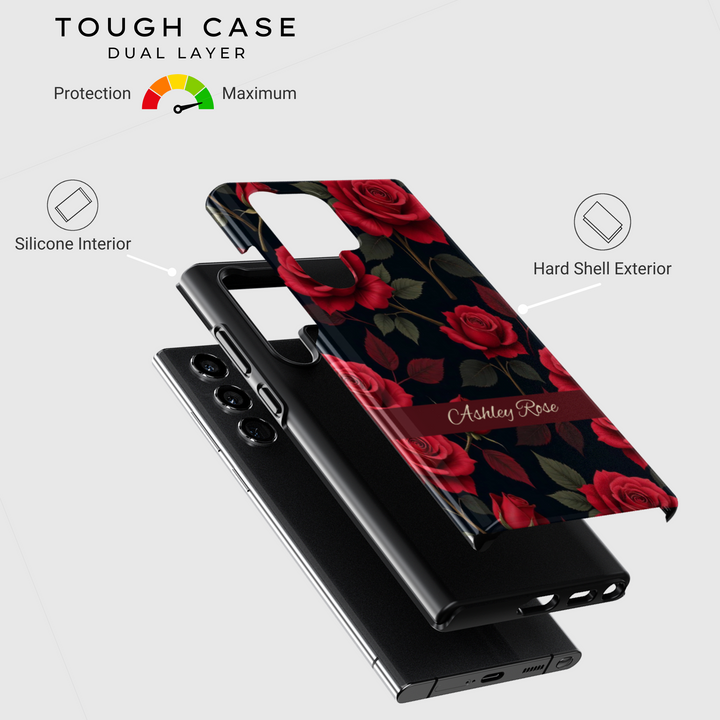 Elegant red rose floral phone case with dark background and personalized name strip