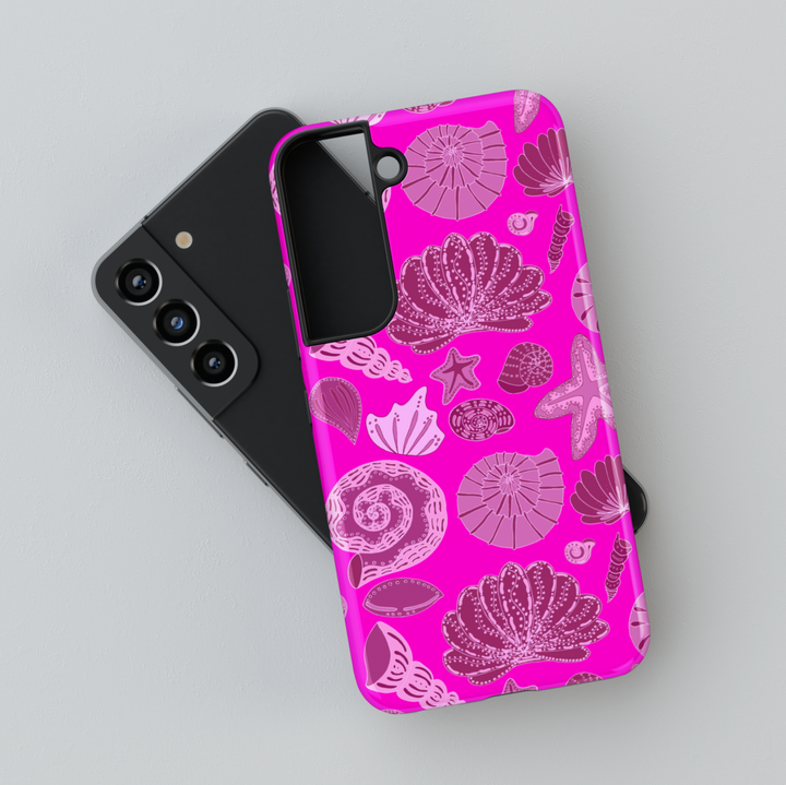 Hot pink Samsung Galaxy S24 Ultra case with lilac seashell and starfish illustrations – beachy aesthetic phone case for Galaxy S25, S24 FE, and more.