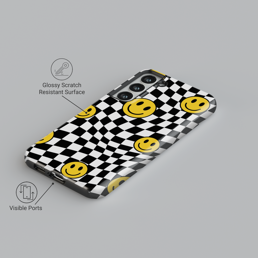 Samsung Galaxy case with black and white wavy checkerboard and yellow smiley face pattern – fun retro design for Galaxy S24 Ultra, S25, S24 FE.