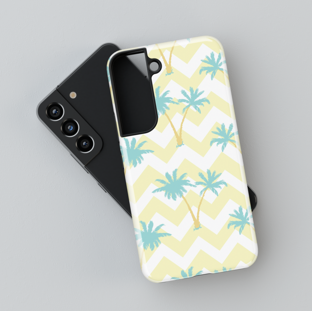Summer Samsung Galaxy phone case with mint green palm trees and yellow chevron background – cute tropical design for Galaxy S24 Ultra, S25, S24 FE.
