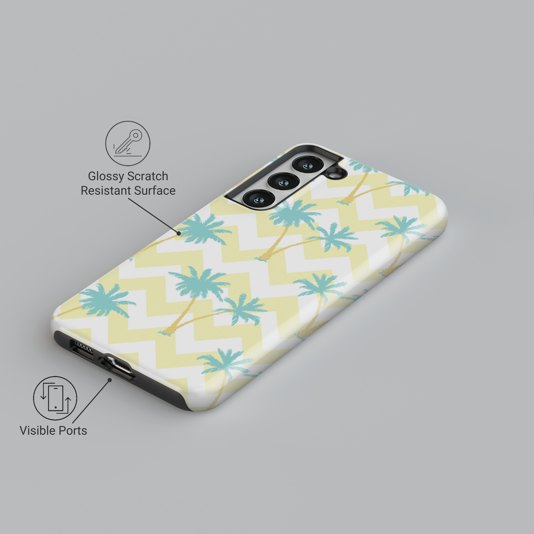 Summer Samsung Galaxy phone case with mint green palm trees and yellow chevron background – cute tropical design for Galaxy S24 Ultra, S25, S24 FE.