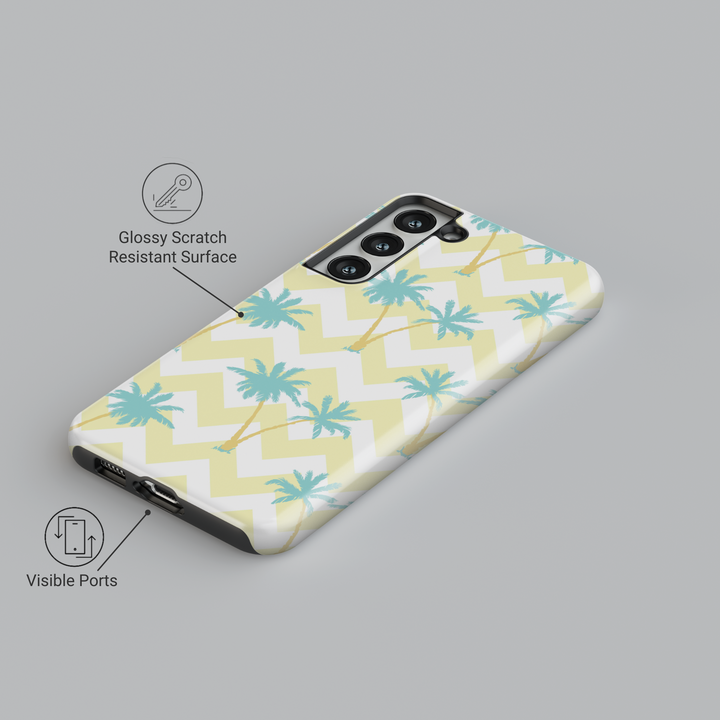 Summer Samsung Galaxy phone case with mint green palm trees and yellow chevron background – cute tropical design for Galaxy S24 Ultra, S25, S24 FE.