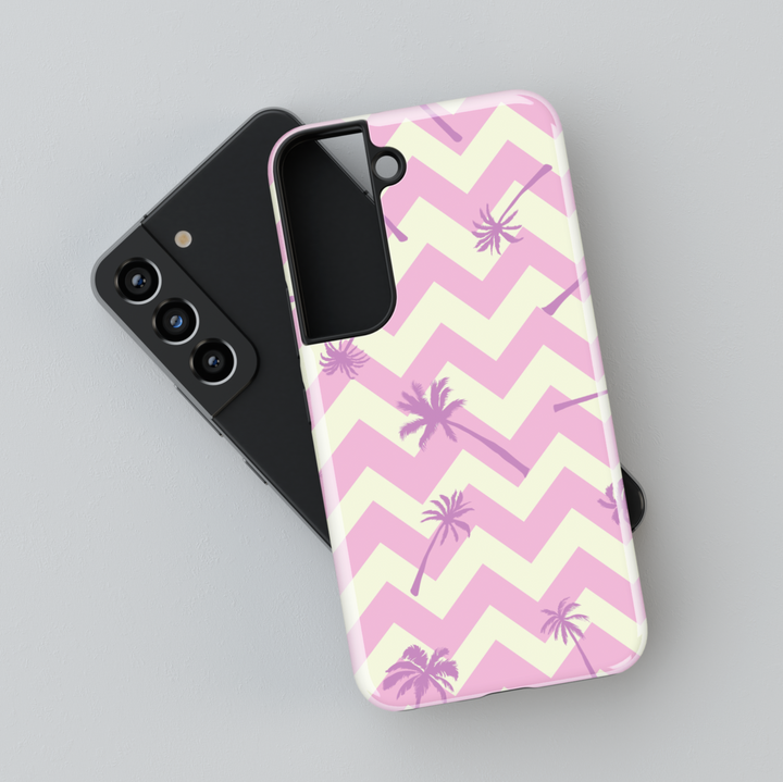 Girly Samsung Galaxy phone case with pastel pink and cream chevron pattern and lavender palm tree accents – tropical beach-inspired design for Galaxy S24 Ultra, S25, S24 FE.