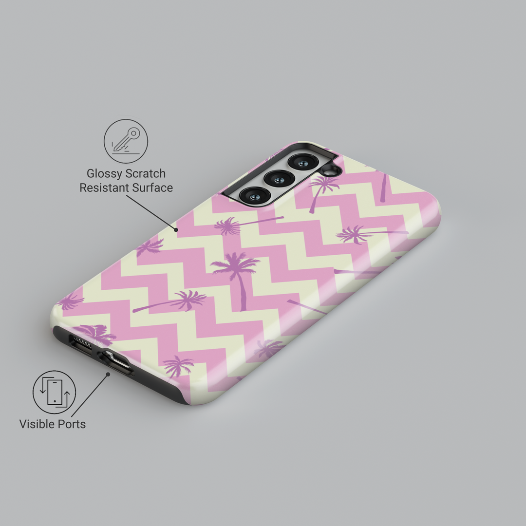 Girly Samsung Galaxy phone case with pastel pink and cream chevron pattern and lavender palm tree accents – tropical beach-inspired design for Galaxy S24 Ultra, S25, S24 FE.
